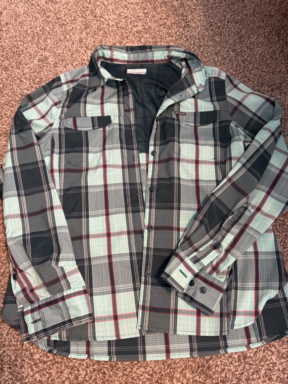 Columbia Women's Plaid Button-Up Shirt in Black, Mint & Red